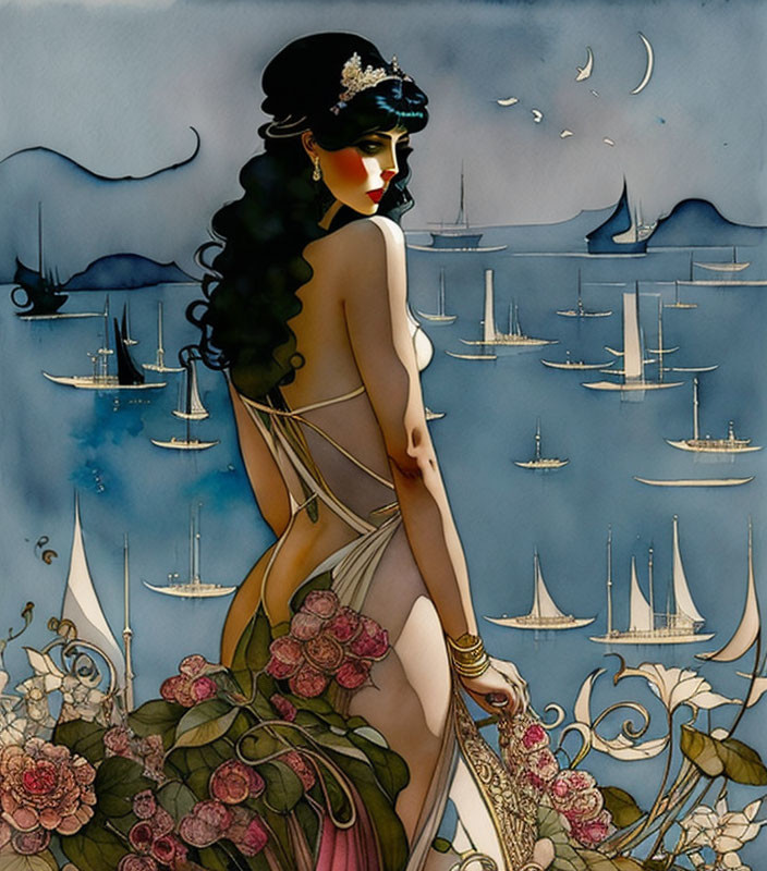 Dark-haired woman surrounded by flowers and sailboats under crescent moon