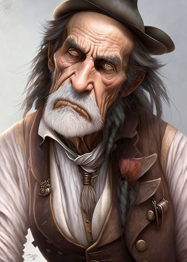 Elderly man portrait with stern expression, brown vest, white shirt, hat, and braid