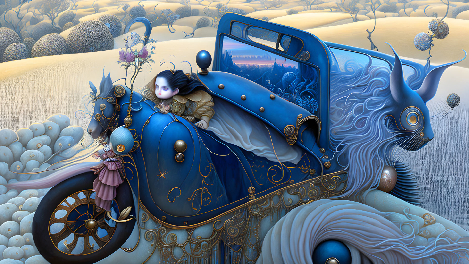 Blue carriage pulled by mythical creature in surreal landscape