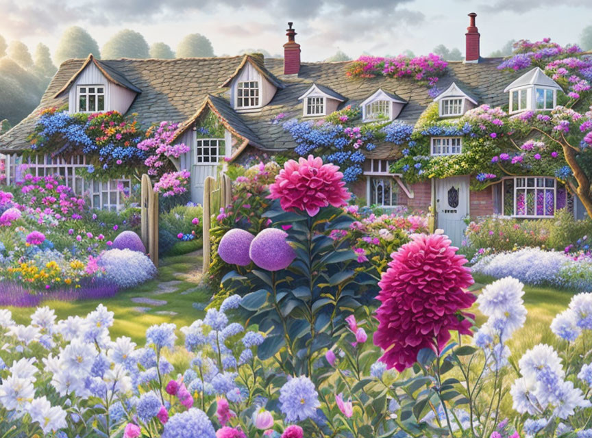 Thatched roof cottage in blooming garden with purple flowers