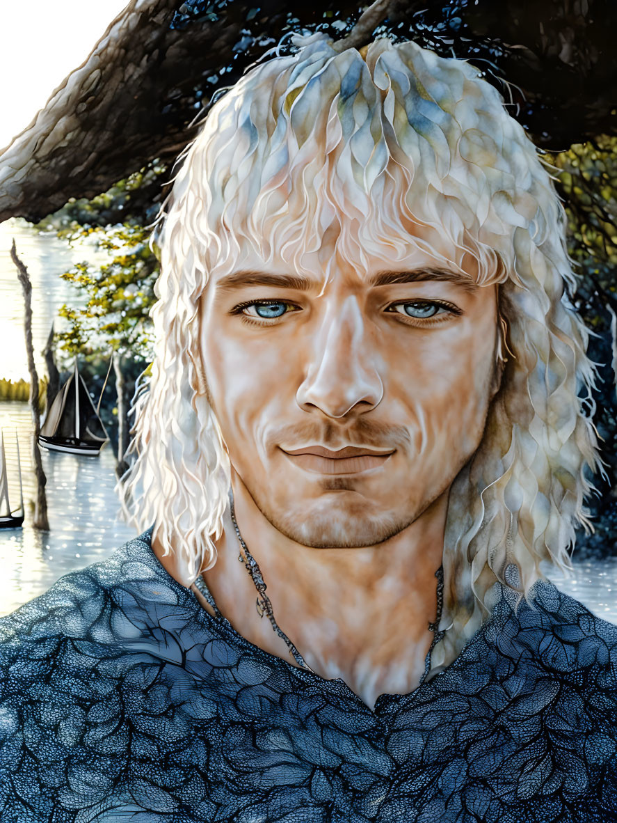 Man with Long Curly Blonde Hair in Chainmail Armor by River