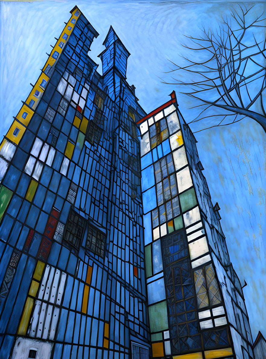 Skyscrapers with stained glass effect and leafless tree against blue sky