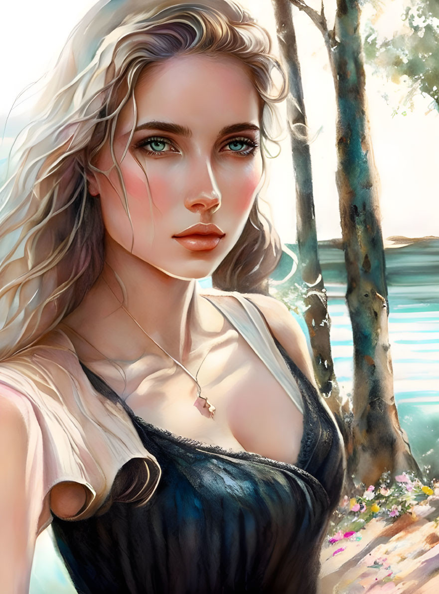 Blonde woman with green eyes in black top near lake and trees