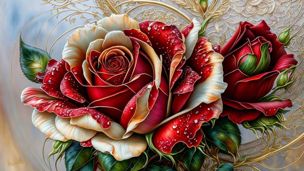 Detailed digital artwork: Two roses with water droplets, one bloomed, one budding, on golden