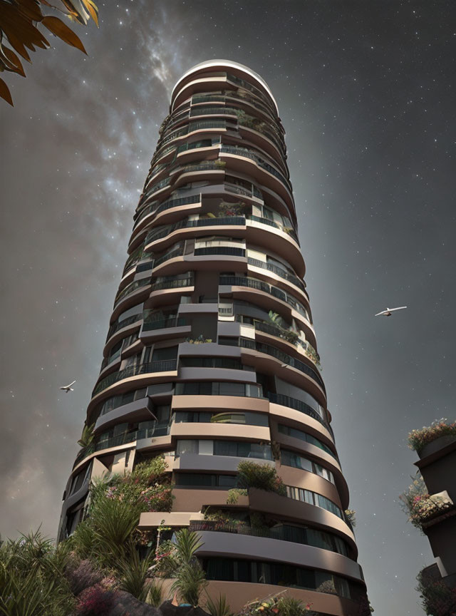 Cylindrical high-rise building with balconies at night, starry sky, airplanes