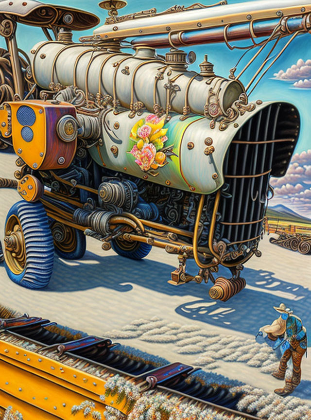 Surreal painting: Cowboy with floating train engine