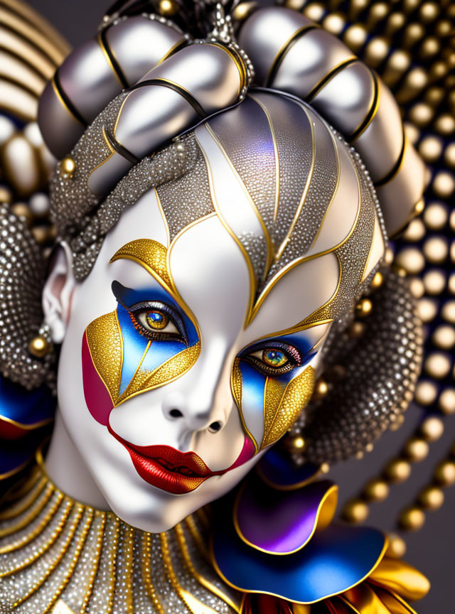 Stylized digital artwork of a female figure with gold and blue makeup