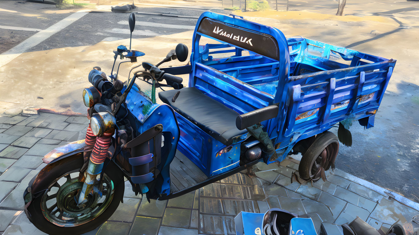 Blue three-wheeled motorcycle with cargo bed, worn and rusty, parked on paved street