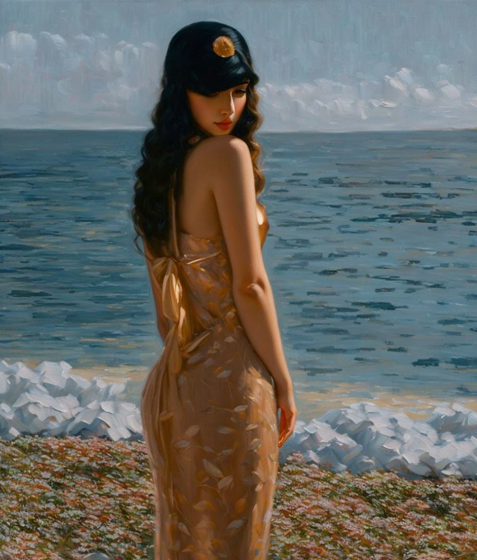 Dark-haired woman in golden dress gazes at sea under sunlight