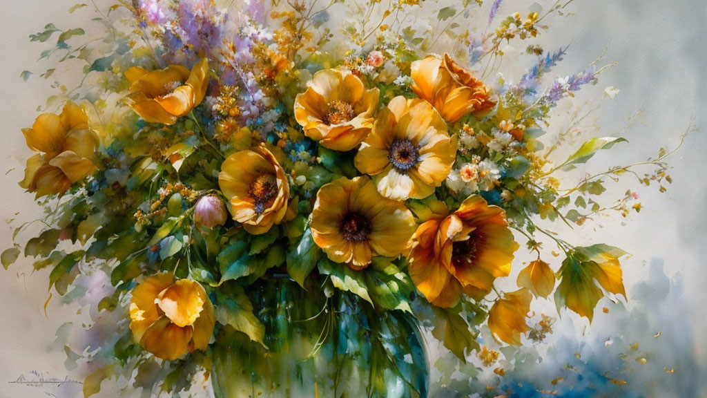 Colorful Watercolor Painting of Yellow Flower Bouquet