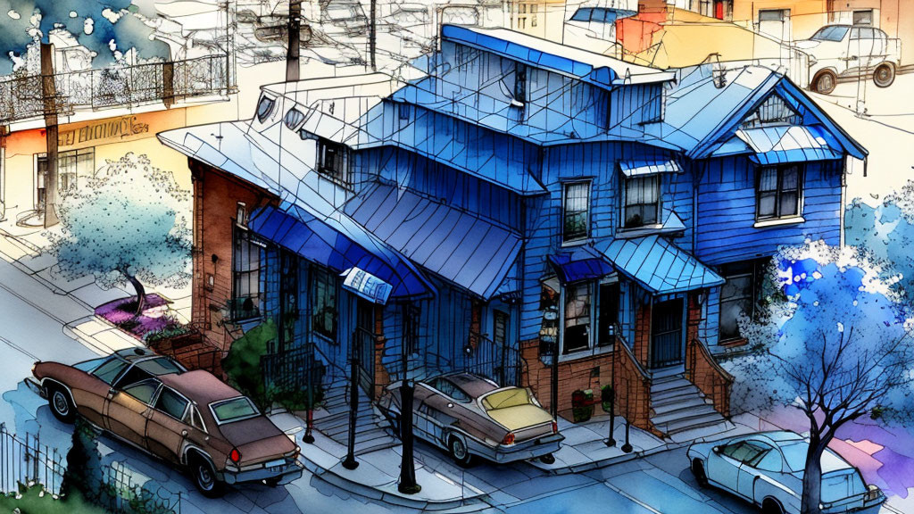 Vibrant blue two-story building with solar panel roof among traditional houses on sunny day