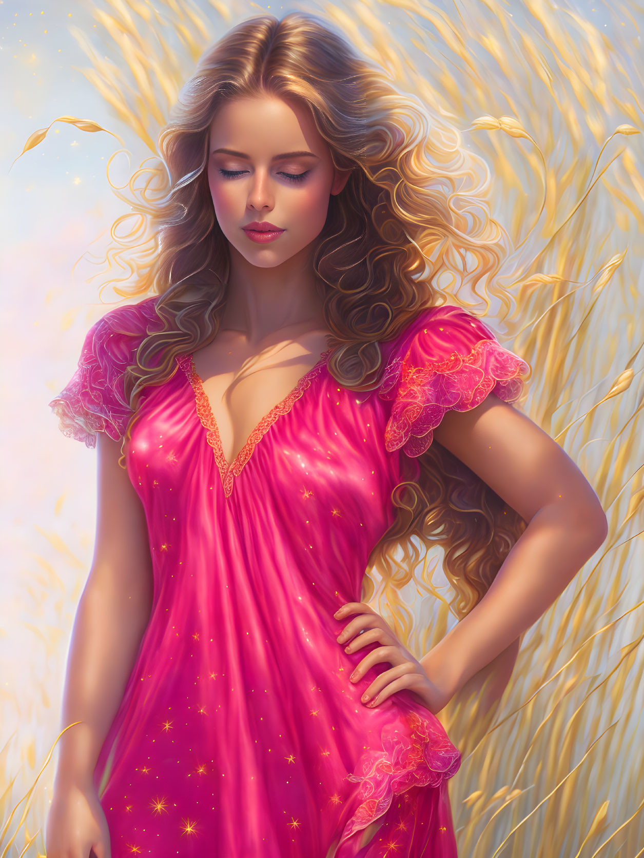 Blonde woman in pink dress surrounded by golden wheat in warm light