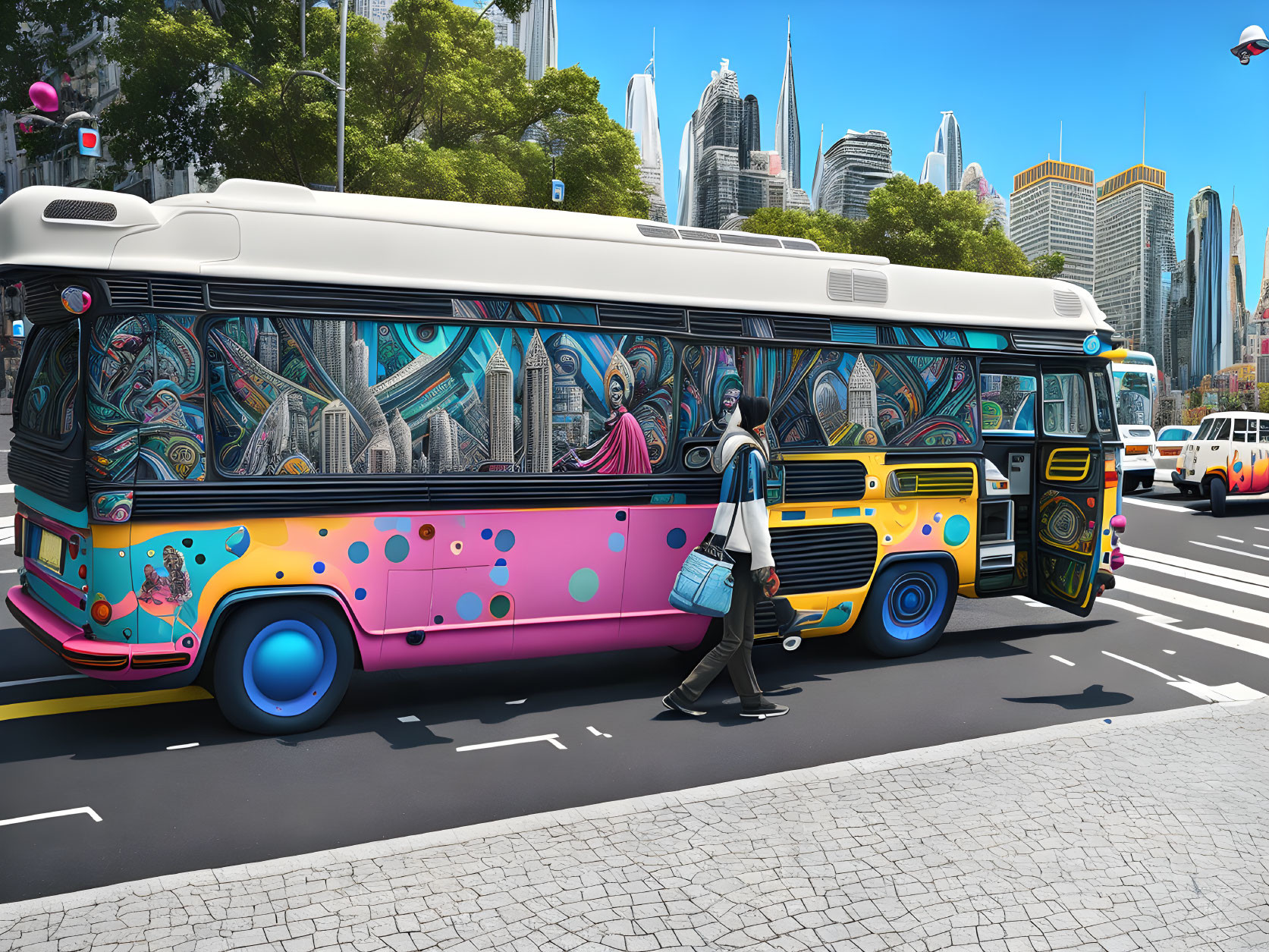 Vibrant graffiti-style bus in urban setting with skyscrapers