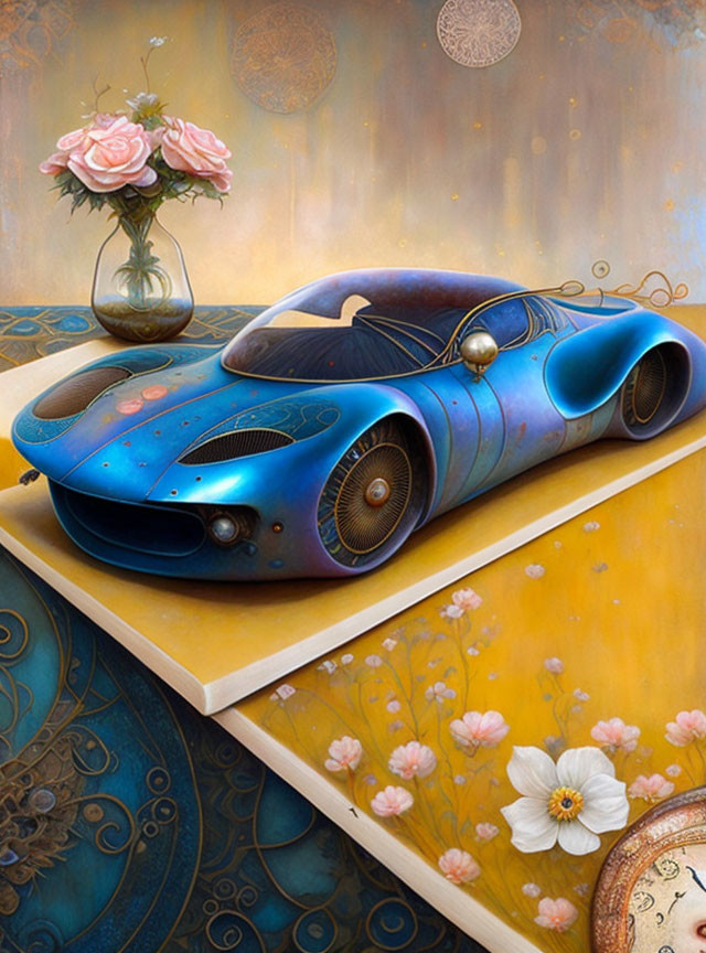 Surreal futuristic blue car illustration on golden platform