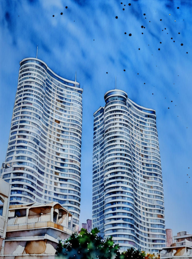 Curvilinear high-rise buildings against blue sky with clouds.