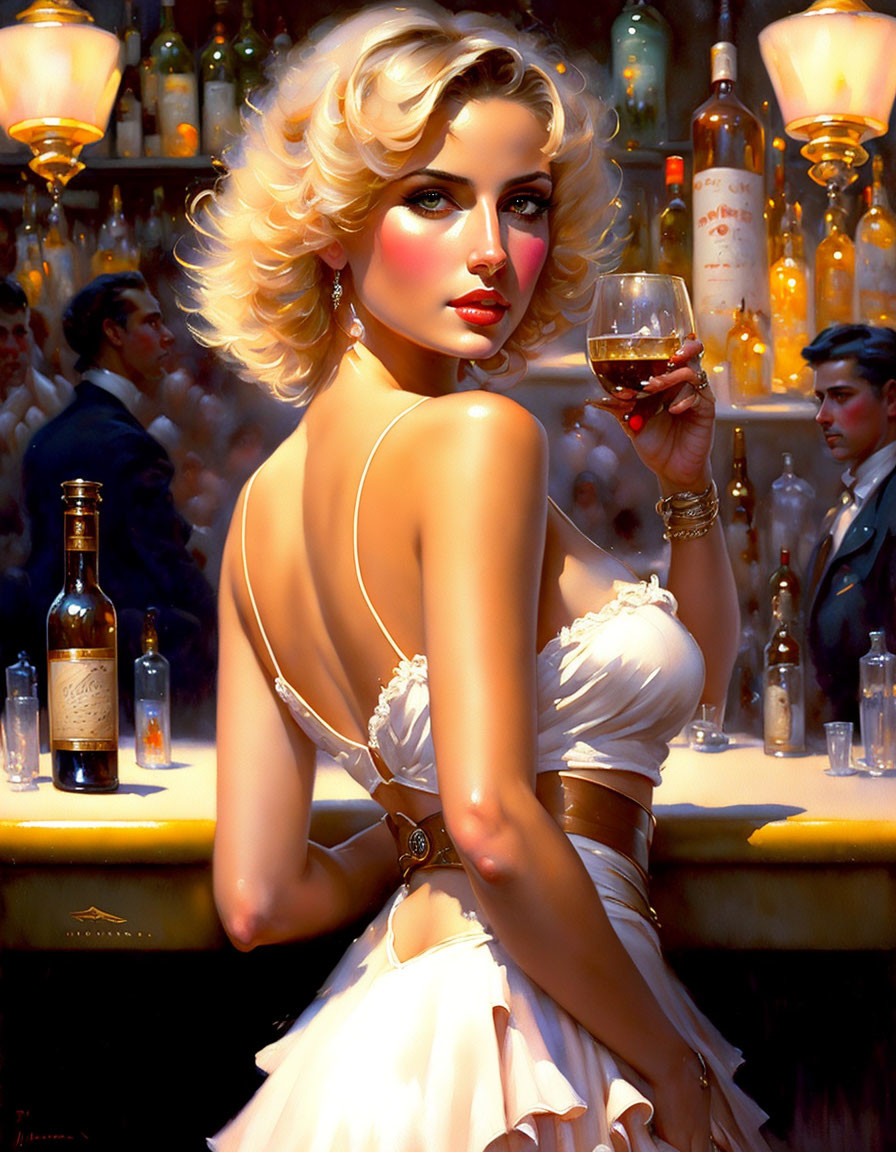 Vintage-inspired painting of glamorous woman in white dress at bar