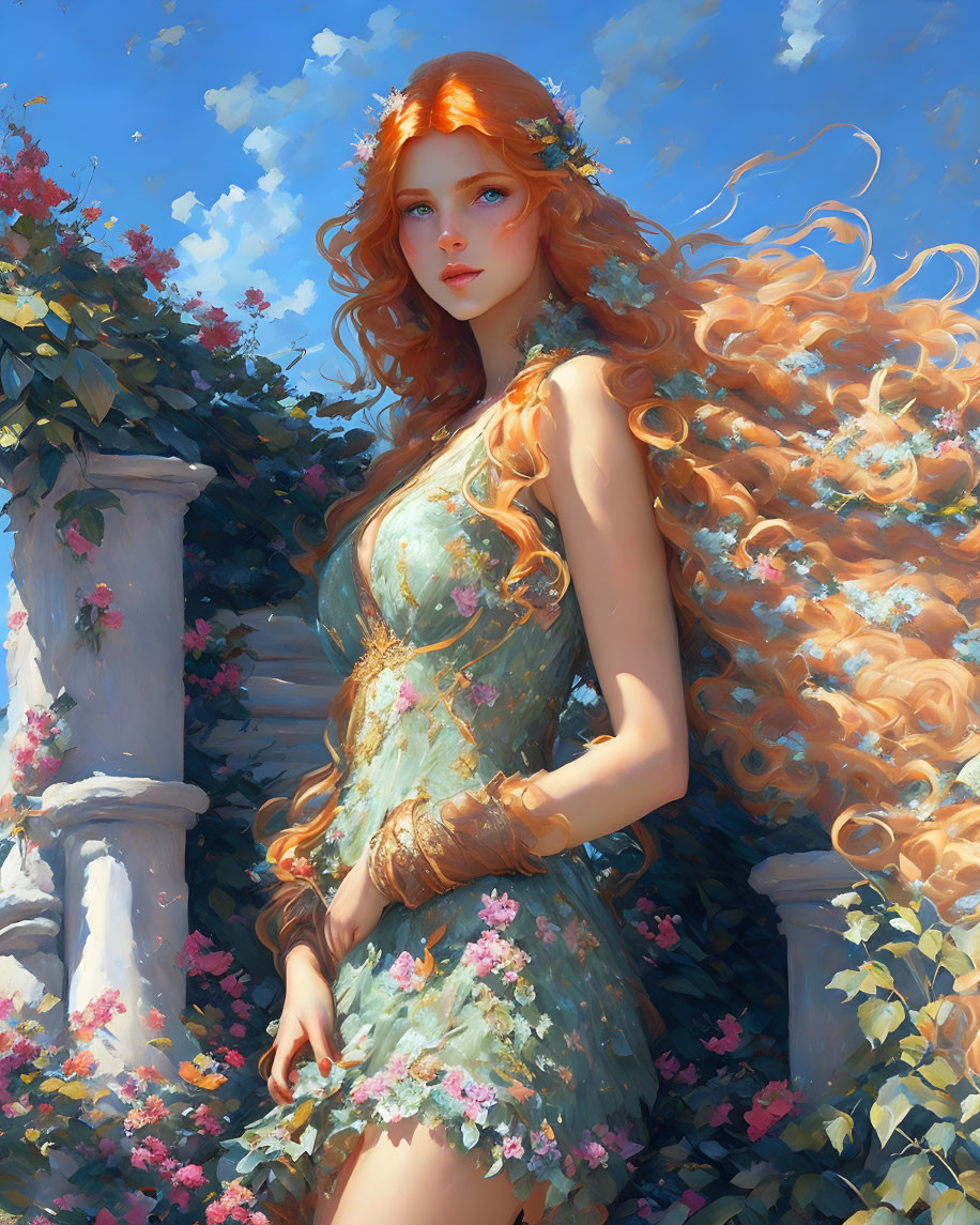 Digital artwork: Woman with red hair in teal dress next to white column under blue sky