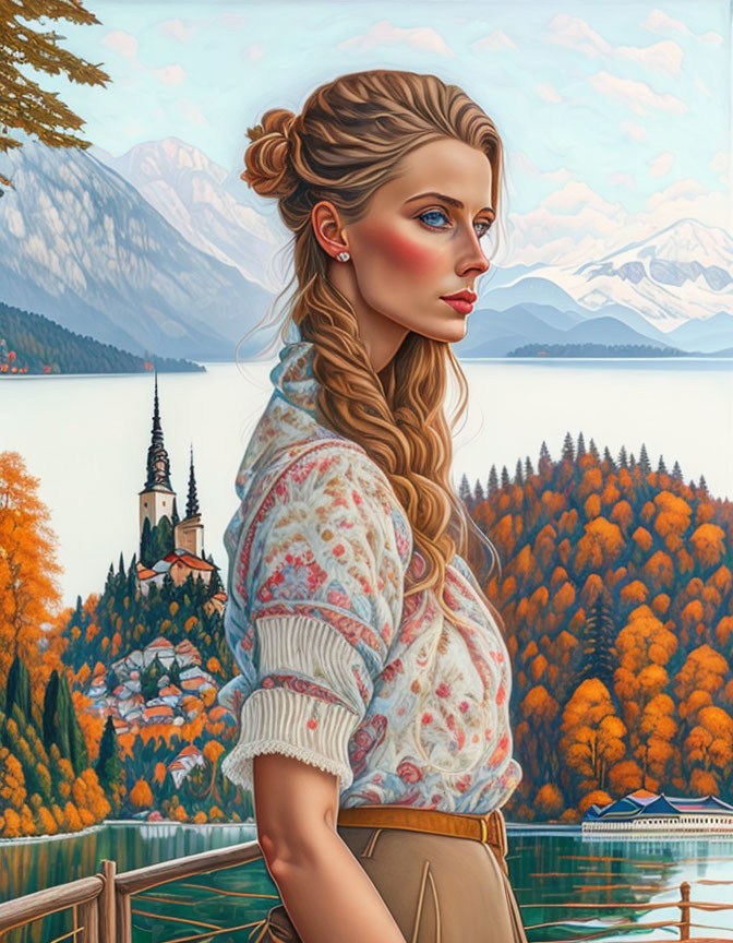 Woman with braided hairstyle by scenic autumn lake and mountains