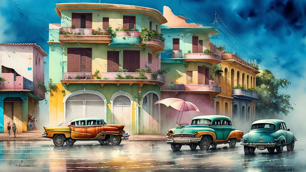 Colorful street scene with classic cars and colonial buildings after rain