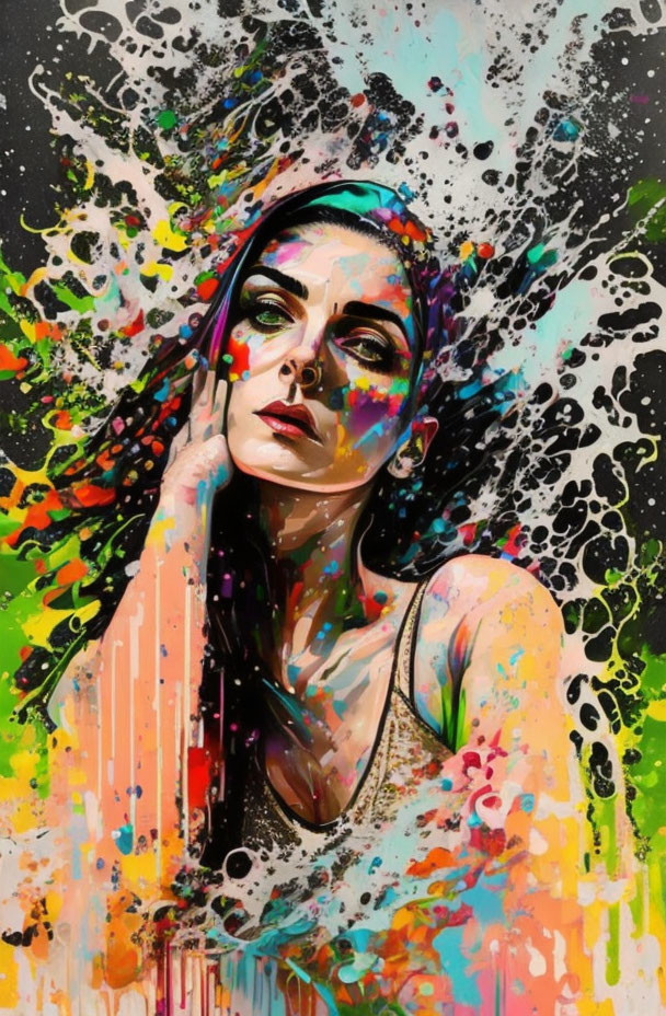 Vibrant digital artwork: Woman with thoughtful expression amidst colorful paint splatters