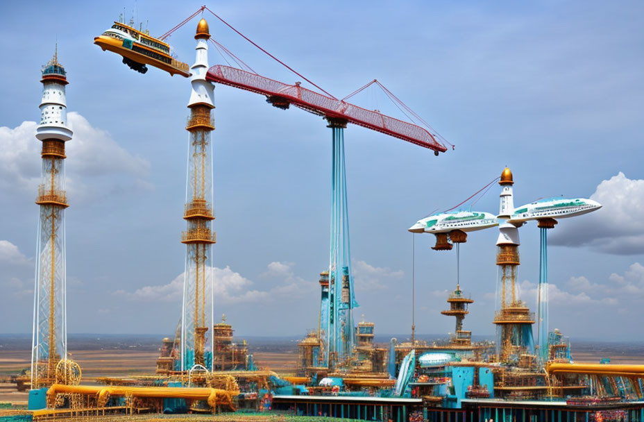 Massive oil platform with towering structures and cranes under cloudy sky