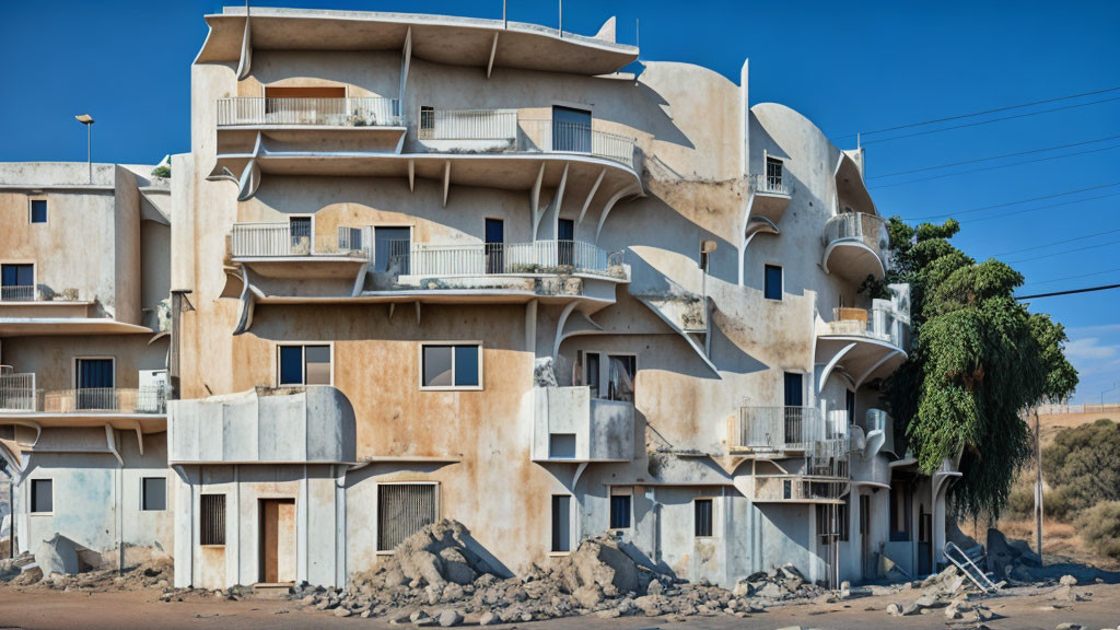 Curved, whimsical apartment building with balconies and sandy facade against blue sky