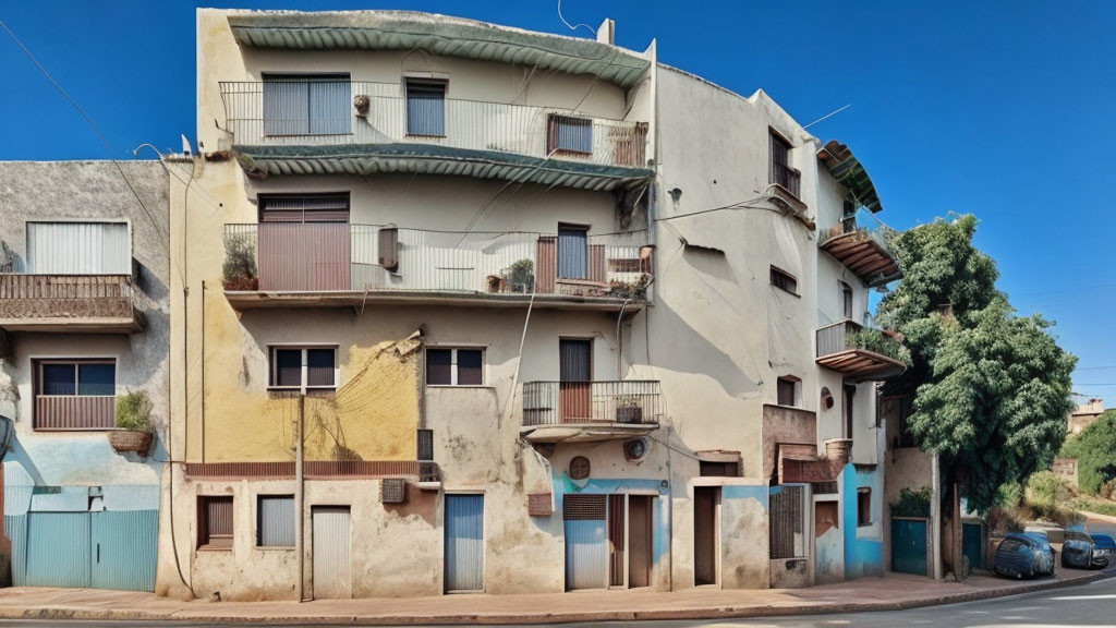 Eclectic architecture of ageing residential street with balconies and fading facades