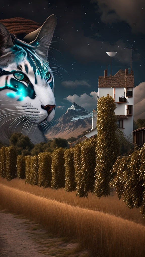 Surreal image: Giant cat head with cowboy hat above rural landscape