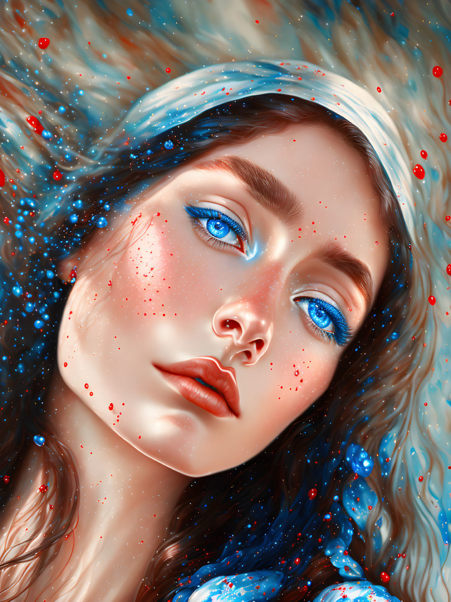 Portrait of woman with blue eyes, freckles, and cosmic hair details