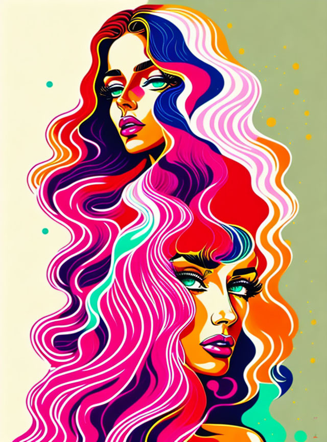 Vibrant dual-women portrait with colorful flowing hair on cream backdrop