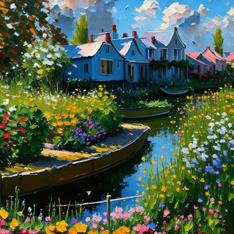 Serene river painting with boat, flowerbeds, houses, blue skies