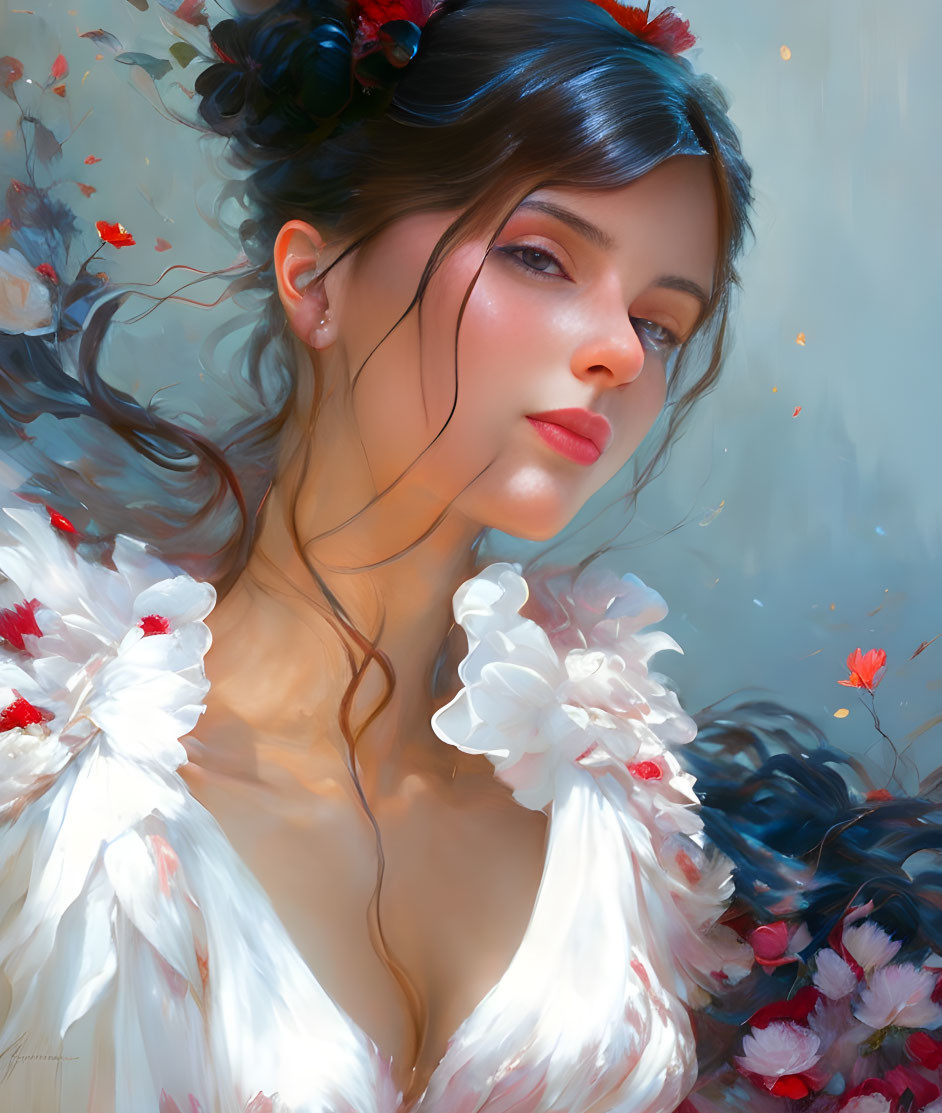 Portrait of woman with dark hair, flowers, white feathered garment, soft light, floating petals