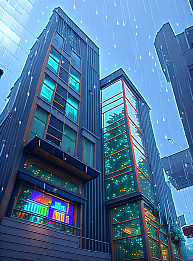 Neon-lit urban night scene with rain and reflections