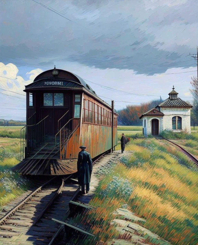 Vintage tram on rural train tracks with people and small building