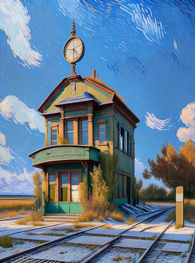 Stylized two-story railway station with clock tower and railroad tracks against blue skies.