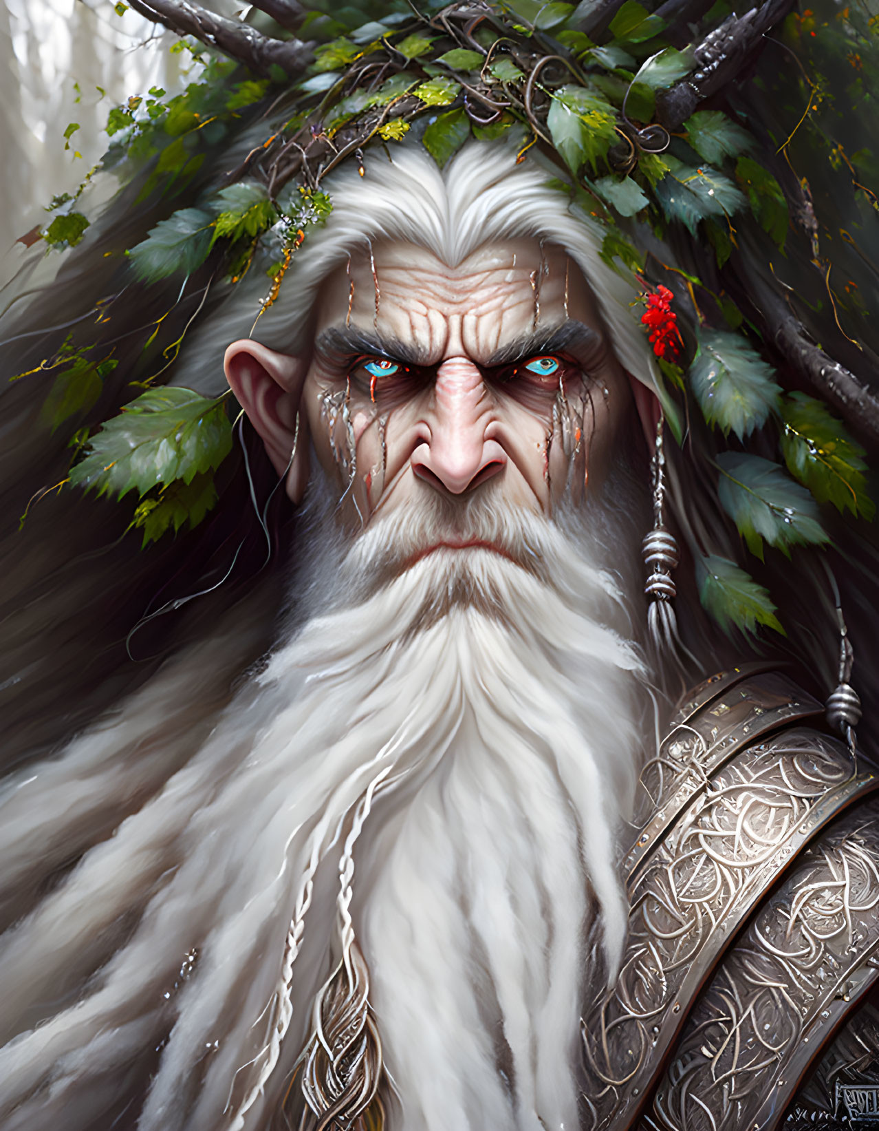 Bearded fantasy character with piercing eyes and intricate armor, adorned with tree branches and leaves