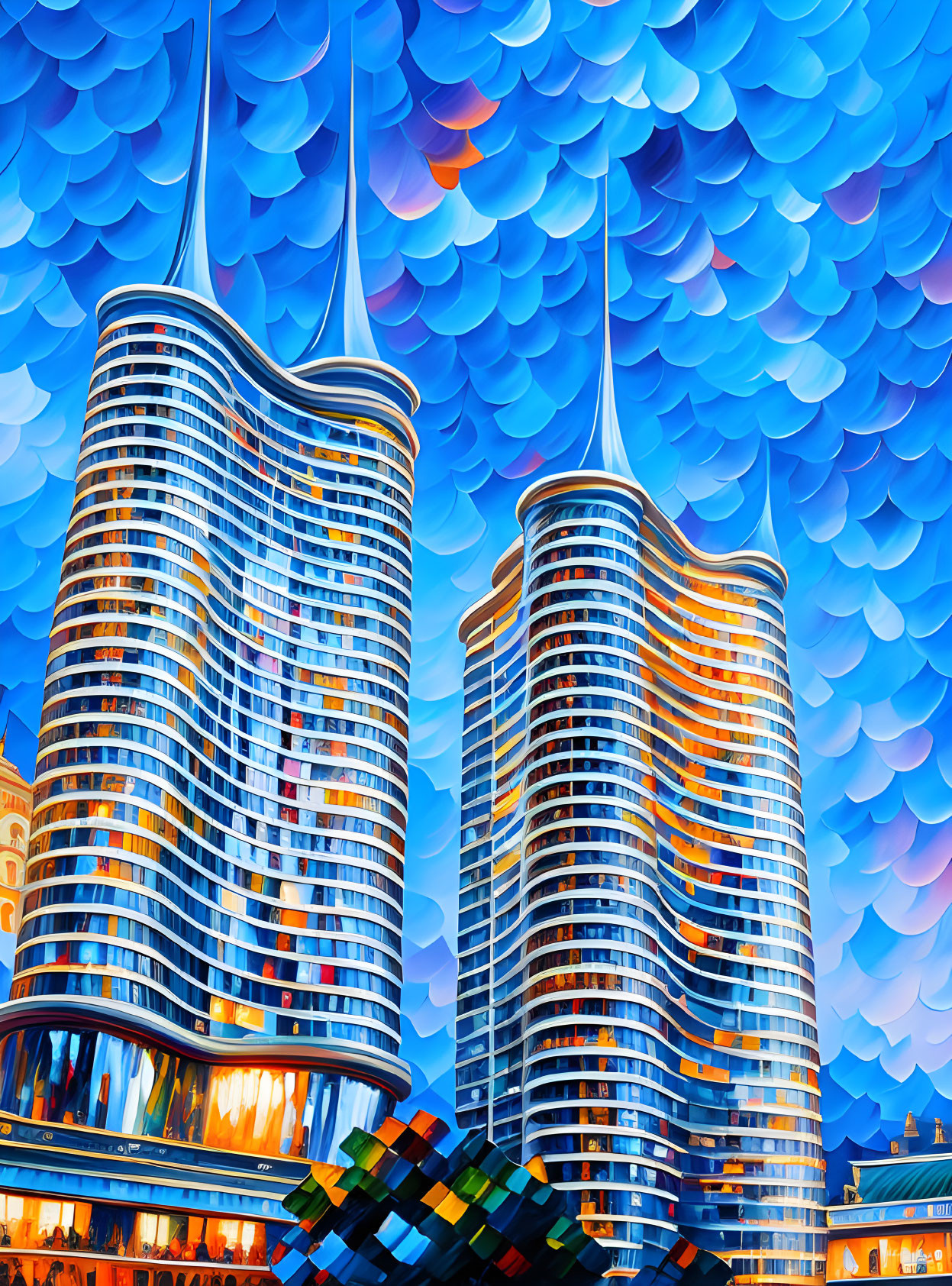 Modern skyscrapers in vibrant digital art with expressive colors