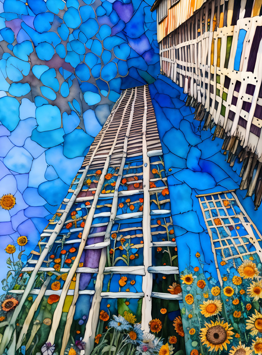 Colorful mural featuring ladder, abstract patterns, buildings, sunflowers