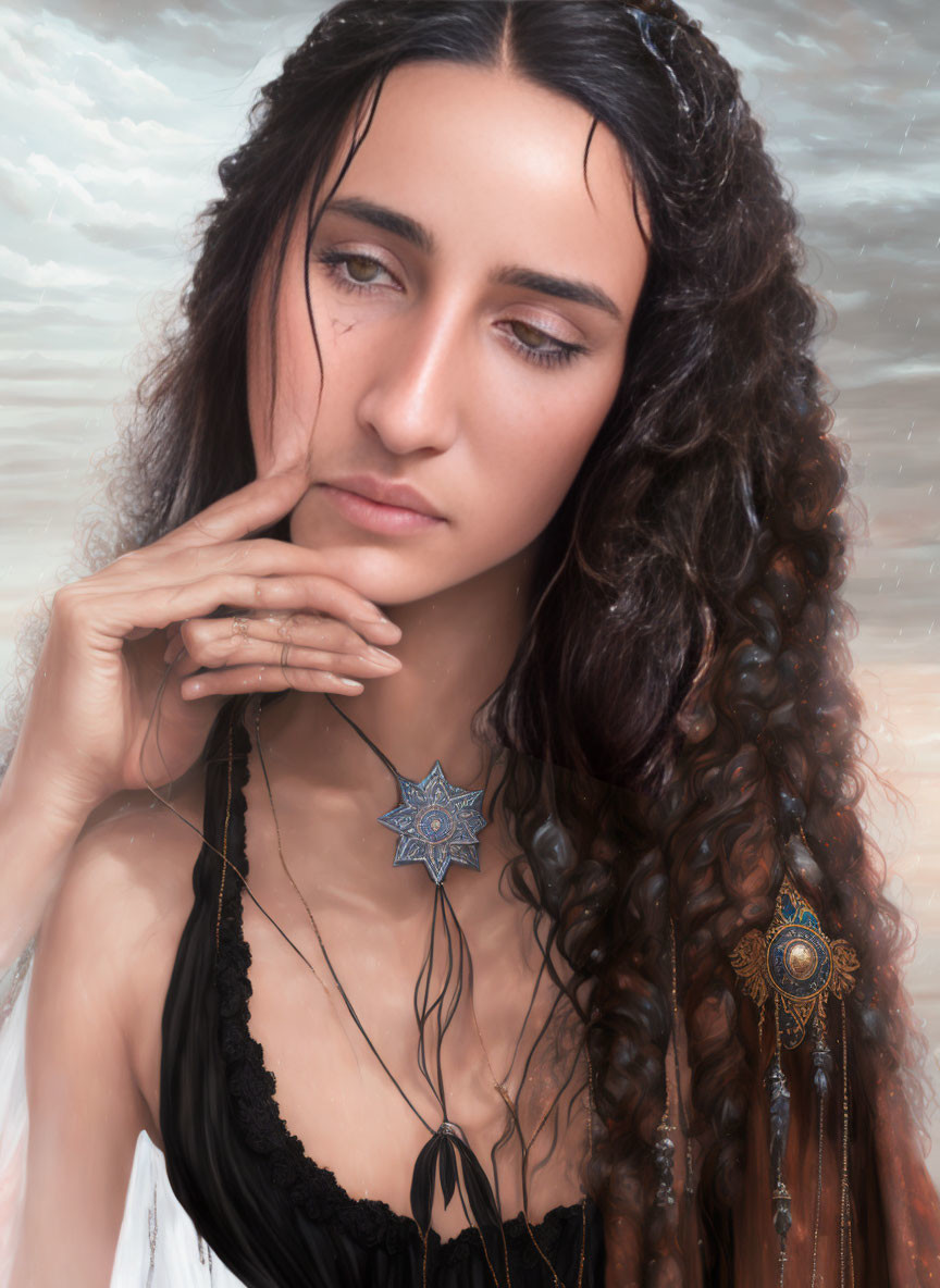 Serene woman with long wavy brown hair and jewelry in thoughtful pose