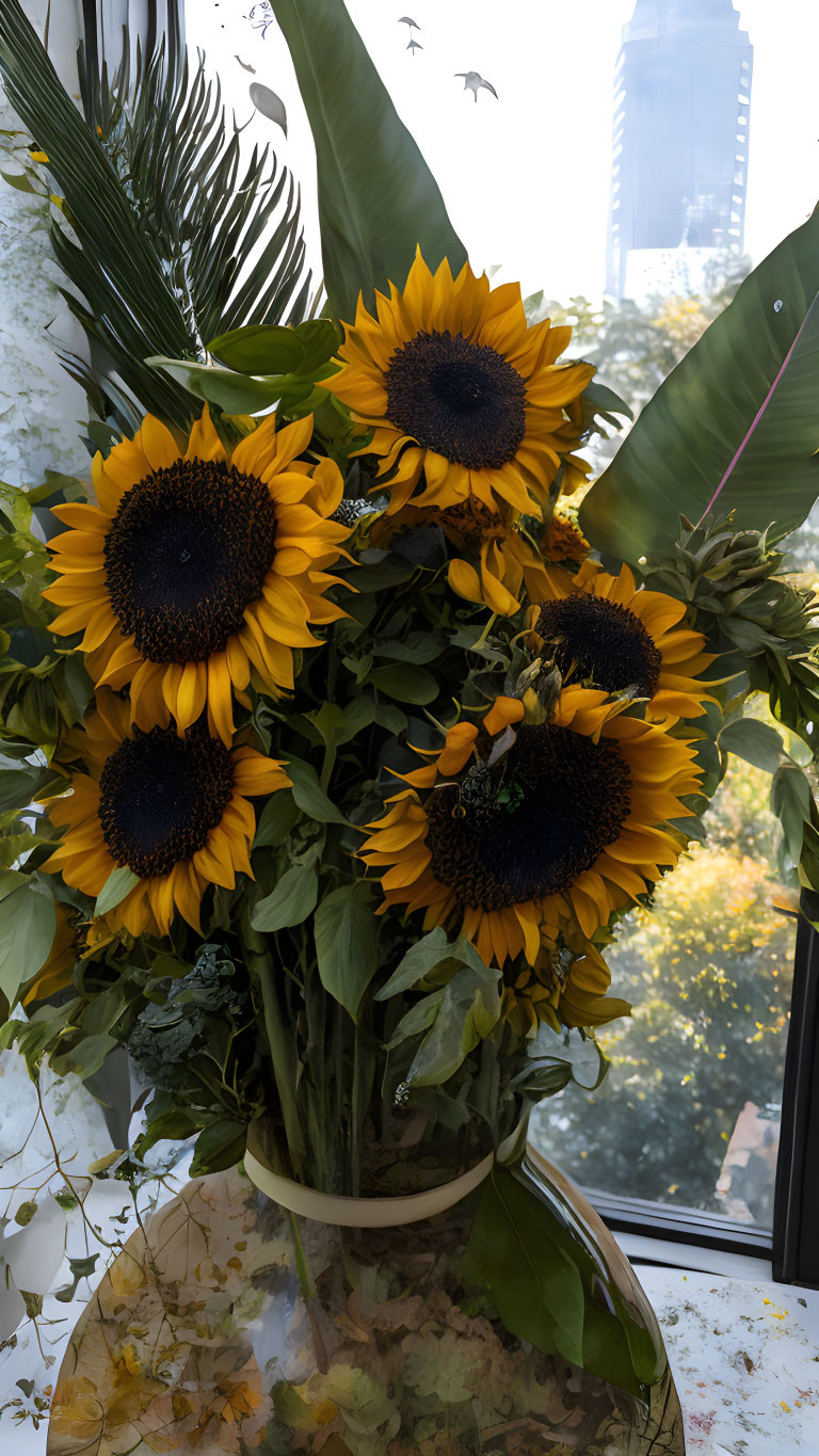 Bright Sunflower Bouquet in Vase with Cityscape Background