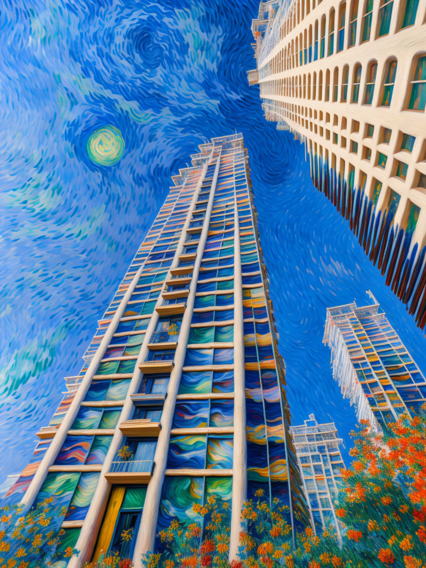 Skyscraper in surreal cityscape with swirling blue sky and orange foliage