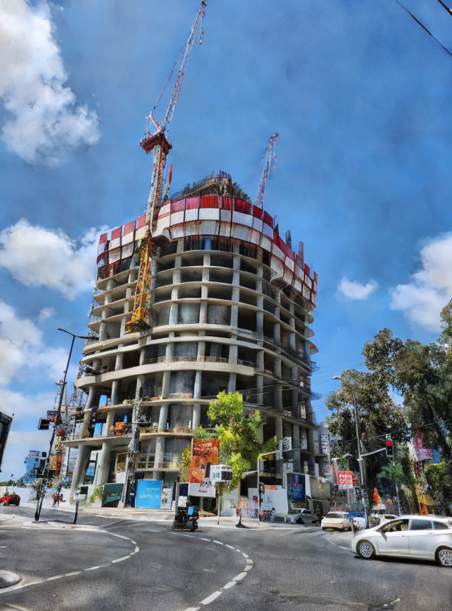 Urban construction site with cranes, blue sky, trees, and vehicles