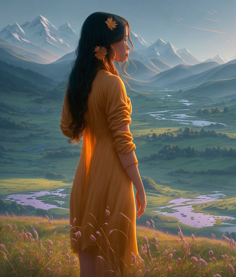 Woman in yellow dress admiring valley with rivers and snowy mountains at sunrise