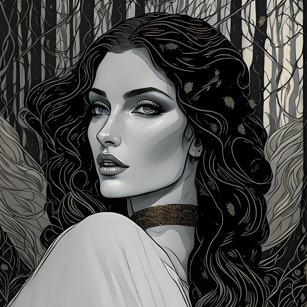 Woman with Long Wavy Hair and Intricate Tattoos in Monochrome Forest