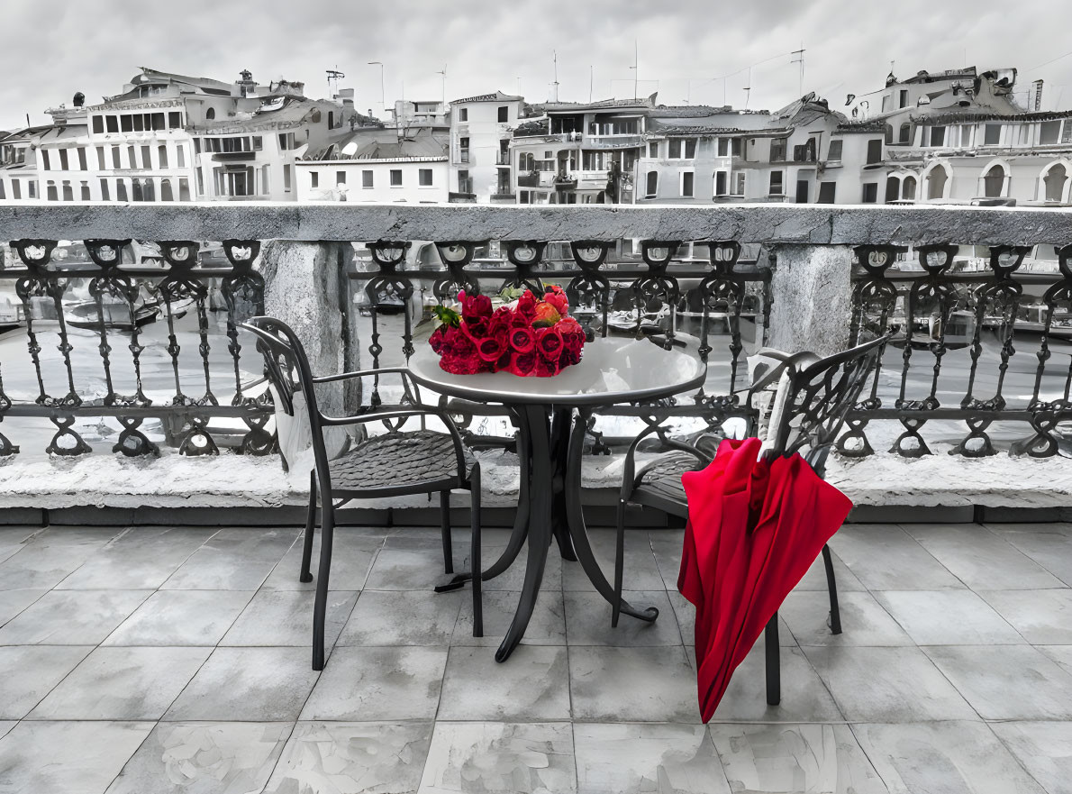 Red roses bouquet and umbrella on table with cityscape backdrop.