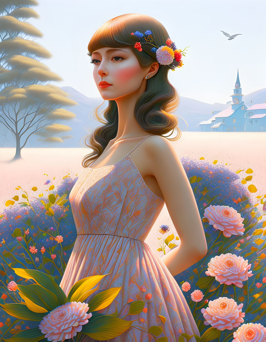 Digital artwork: Woman with floral hairpiece in pastoral setting