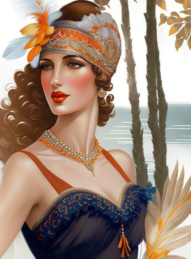 Detailed Illustration of Woman in Ornate Feathered Headdress and Navy Blue Outfit