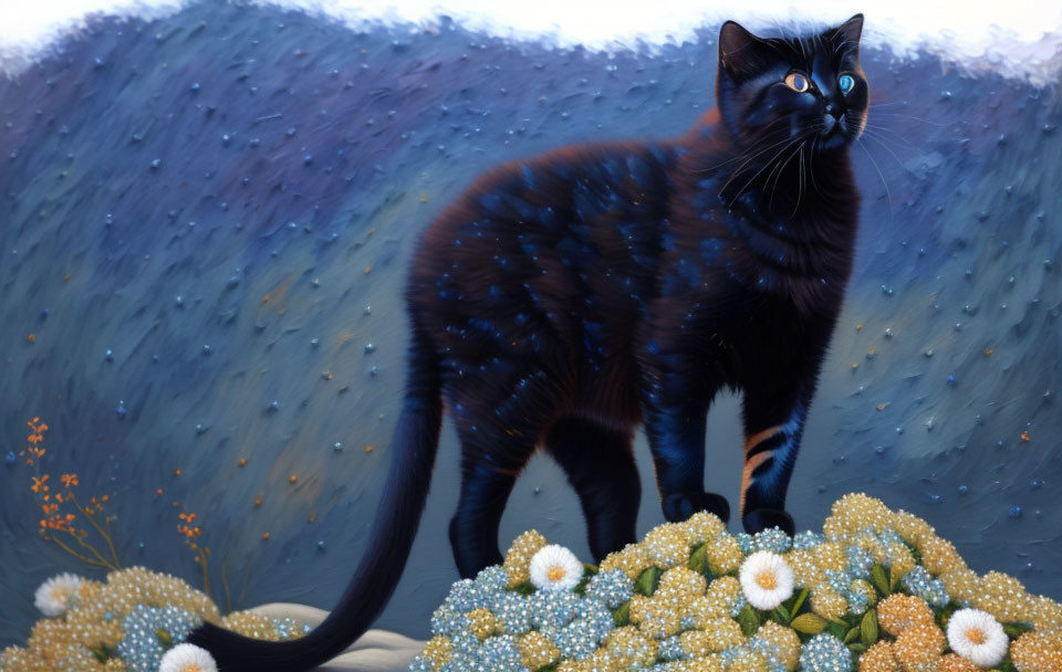 Majestic black cat with blue eyes on flower hill under twilight sky