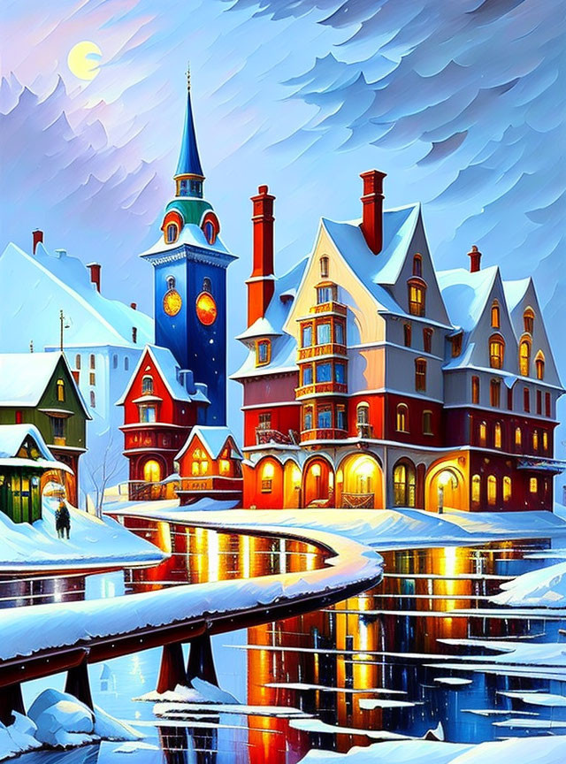 Vibrant winter village scene with illuminated buildings, snowy roofs, clock tower, and frozen river.