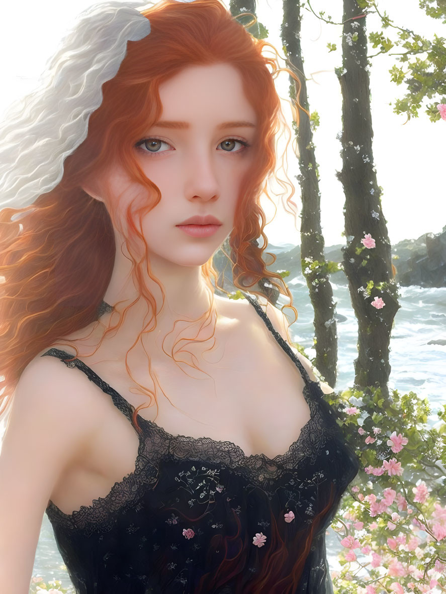 Digital Artwork: Woman with Long Red Hair in Blossoming Nature